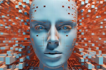 humanoid android face with 3D cubes and particles in space as symbol of augmented reality and computer technologies of future, close-up portrait, concept of cybernetics, biomechanics and robotics - 766293001