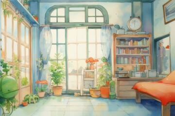A tidy room depicted in watercolor.