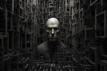 portrait of prisoner man inside abstract metal structures