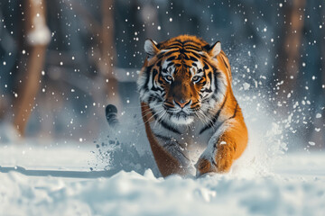 Fototapeta na wymiar a giant tiger walking proudly in a winter snowy path like a king of a jungle , a sight to behold