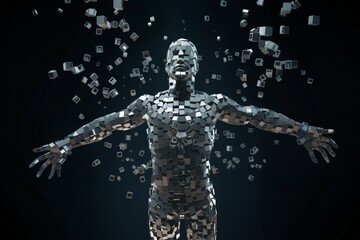 a robot with human body made of disintegrating squares and cubes, standing in front of a digital background with abstract particles in space, cybernetics, computer rendering - 766293047