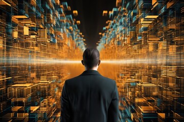 businessman standing with his back to the viewer, in front of a tunnel of orange cubes and augmented reality particles, computer technologies of the future, the concept of cybernetics