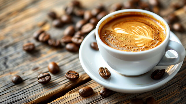 Coffee Cup with beans on table.