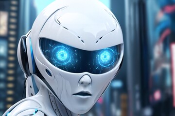 gynoid, a humanoid female android hybrid robot with a female face in a plastic helmet on the background of a futuristic city street, robotics concept - 766293201