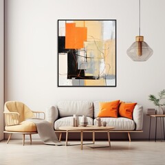 Abstract painting. Yellow orange Color graphics and collage. Painting in the interior. A modern poster