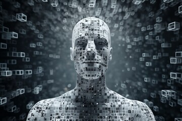 a robot with human body made of disintegrating squares and cubes, standing in front of a digital background with abstract particles in space, cybernetics, computer rendering - 766293248