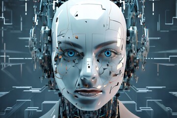face of female android bio robot, close portrait, concept of cybernetics and biomechanics and robotics of future - 766293258