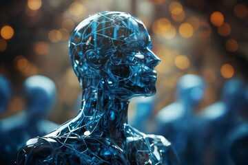 a robot with a human body made of liquid metal and glass and a frame standing on an abstract background, cybernetics, computer rendering - 766293404