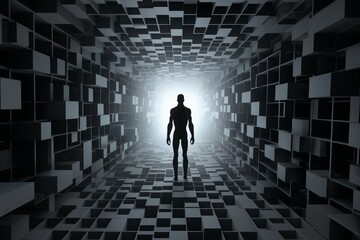 a man stands in the distance in space, surrounded by a lot of dark and black blocks and cubes on the floor and walls, in the style of 3D rendering - 766293409
