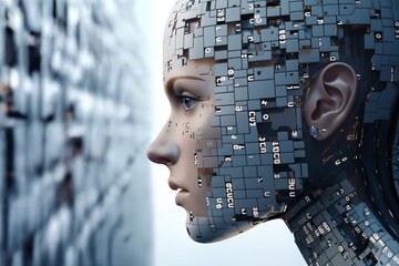 portrait of a woman with 3D cubes and shapes, and particles around her face, symbol of augmented reality and computer technologies of future, concept of cybernetics, biomechanics and robotics - 766293410