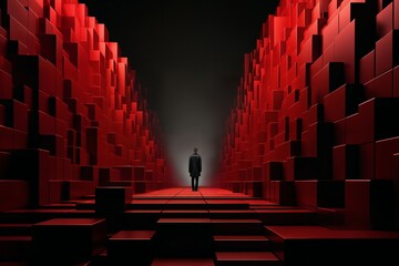 a man stands in a very large room with many red block shapes on the floor and walls, in the style of 3D rendering - 766293414