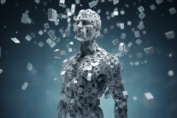 a human body made of squares and cubes, standing in front of a digital background with abstract particles in space, cybernetics, computer rendering