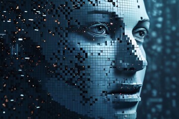 woman's face with 3D cubes and particles in space as symbol of augmented reality and computer technologies of future, close-up portrait, concept of cybernetics, biomechanics and robotics - 766293489