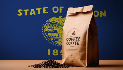 Fototapeta na wymiar Oregon flag sticking in roasted coffee beans. The concept of export and import of coffee
