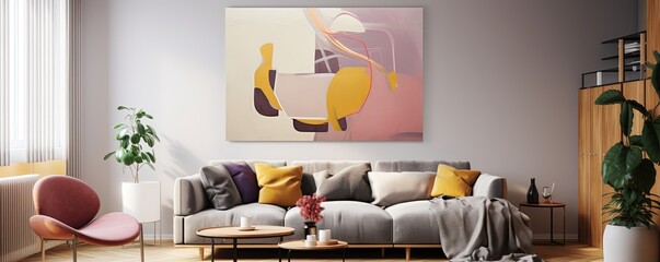 Abstract painting. Mustard lilac Color graphics and collage. Painting in the interior. A modern poster