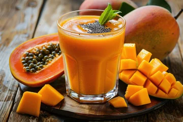 Fotobehang A glass of mango and papaya smoothie, a delicious and healthy breakfast © Olga