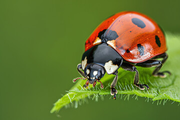 Close-up of a ladybug on a leaf in a summer forest
