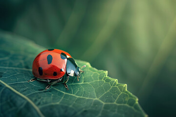 Ladybug sits on a green leaf