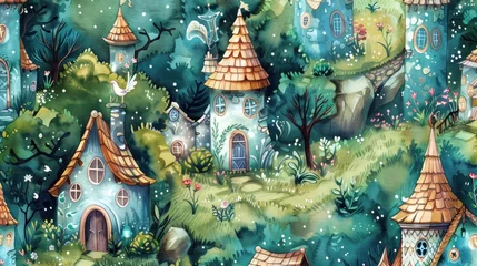 Muurstickers Enchanted Elven Village in Watercolor, explore the magical details and hidden wonders of this fairytale land. © Postproduction