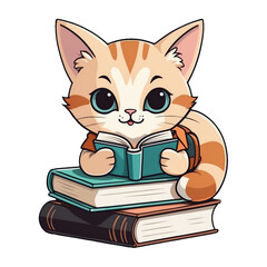 Smart Kitty Relaxing on Pile of Colorful Books, Cute Feline Illustration for Bookworms, Generative AI