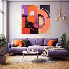 Abstract painting. Orange purple Color graphics and collage. Painting in the interior. A modern poster
