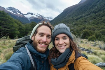 Adventurous Couple's Selfie with Majestic Mountain Backdrop, Smiling couple takes a selfie with a stunning glacier and mountainous landscape