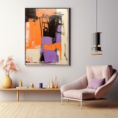 Abstract painting. Orange purple Color graphics and collage. Painting in the interior. A modern poster