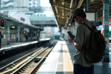 Commuter Checking Smartphone at Train Station at Dusk, A man reviews messages on his phone, waiting for his train as the sun sets