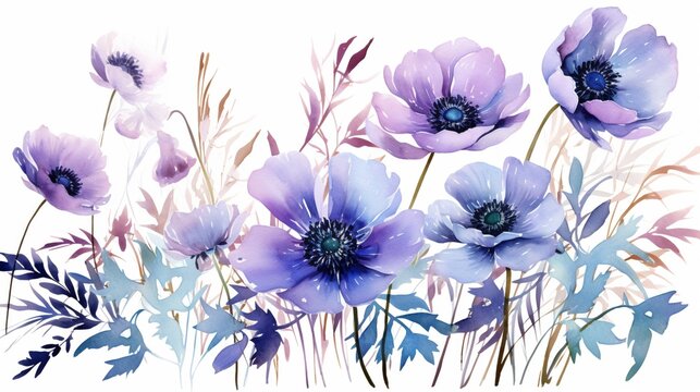 Watercolor anemone clipart featuring bold blooms in shades of purple and blue