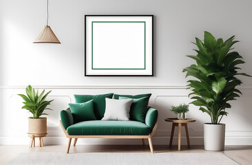 Blank poster frame mockup on white wall living room with wooden sideboard and green plant