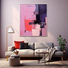 Abstract painting. Purple pink Color graphics and collage. Painting in the interior. A modern poster