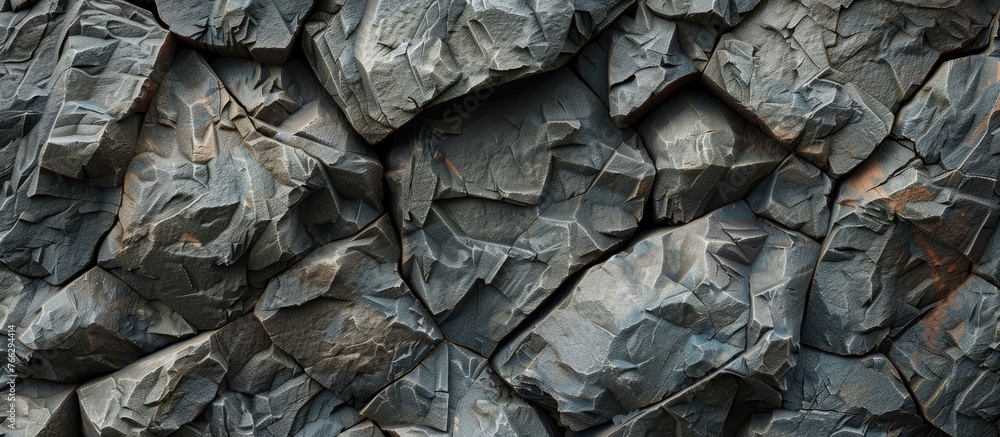 Poster closeup shot of a stack of bedrock rocks in a pattern, with soil and water surrounding it. an automo