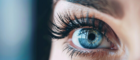Extreme close-up of a woman's vivid blue eye with sharp details. - obrazy, fototapety, plakaty