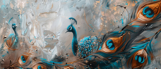 Abstract art canvas with vibrant blue peacock feathers texture and splashes.