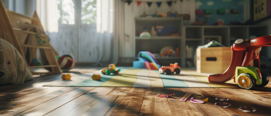 Playful morning light in a child's room with scattered toys and colorful decor.