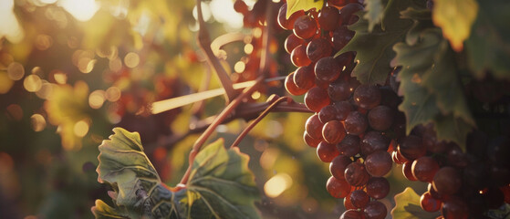 Sunlit ripe grapes on the vine, symbolizing abundance in a serene vineyard at golden hour. - obrazy, fototapety, plakaty