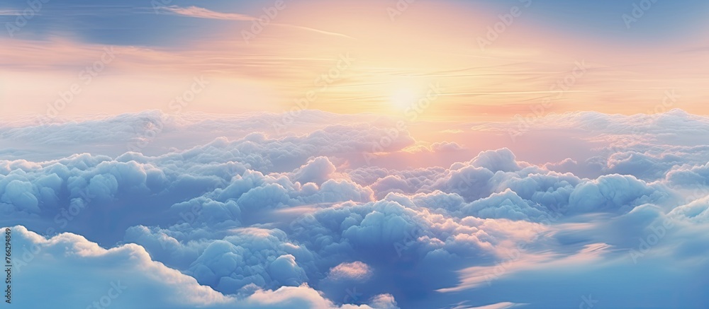 Poster the suns rays are breaking through the fluffy cumulus clouds in the sky, creating a beautiful afterg