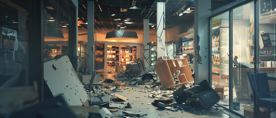 A chaotic bookstore after a disaster, with shattered serenity among the ruins. - obrazy, fototapety, plakaty