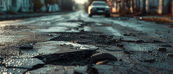 A city street drenched in golden sunrise, with a focus on potholed asphalt.