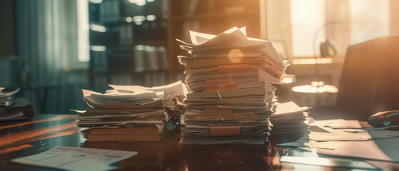 Piles of paperwork and documents casting long shadows in a moody office. - obrazy, fototapety, plakaty