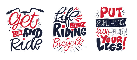 Cute hand drawn doodle lettering quote about bike and ride. 100% vector - obrazy, fototapety, plakaty