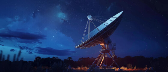 A radio telescope under starry skies, a quest for cosmic knowledge. - obrazy, fototapety, plakaty
