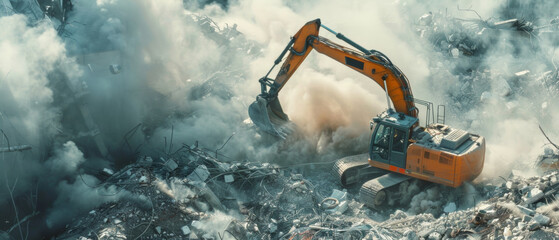 Excavator amid rubble demonstrates construction amidst destruction. - obrazy, fototapety, plakaty