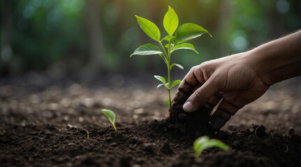 the hand plant a tree in black soil with nature background. ai generated