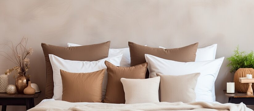 The image showcases a close-up of a cozy bed adorned with numerous soft pillows and a warm blanket