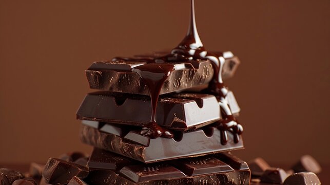 chocolate dripping on top of pile of chocolate bars, minimalistic, solid color background