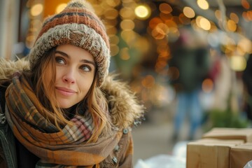 Young Woman Enjoying Cozy Winter Atmosphere at Outdoor Christmas Market, Wrapped in Warm Scarf and Hat