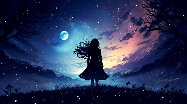 Moonlit Whispers: A Mysterious girl Silhouetted Against the Glowing Night Sky. Fantasy landscape anime or cartoon style, looping 4k video animation background
