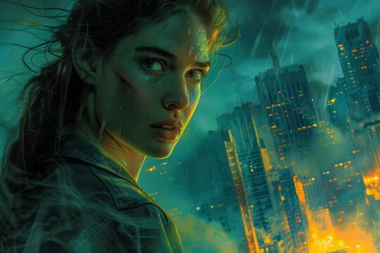 Post Apocalyptic Vision of a Courageous Young Woman Staring at a Dystopian Cityscape Engulfed in Flames and Destruction
