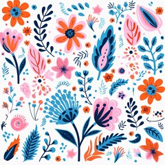 Fototapeta na wymiar bright spring colors blue and orange, pinknordic pattern white background